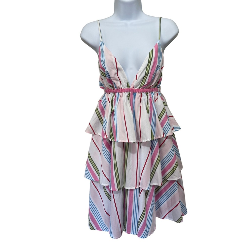 Hill House Home The Gigi Dress Rainbow Stripe Tiered Cotton Mini XS NEW - Picture 2 of 10